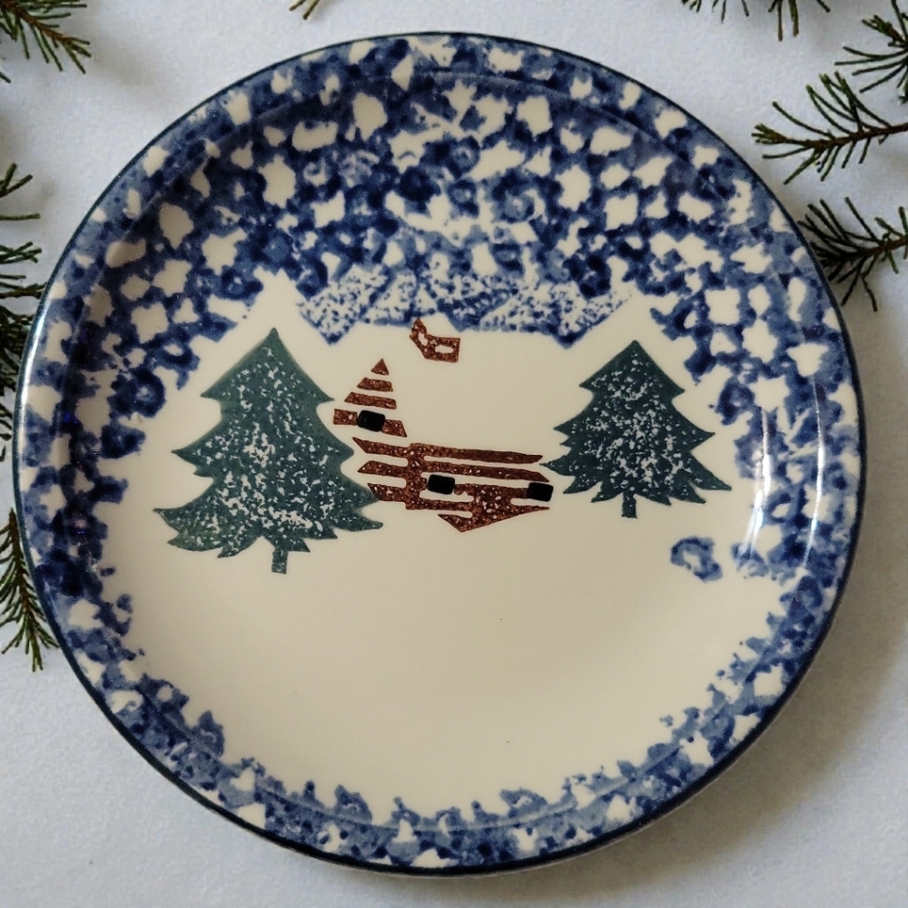 Vtg Salad Dessert Plate Folk Craft Cabin In The Snow by Tienshan Oven Safe